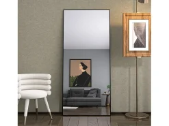 Espejo-Espejo de pie rectangular con marco de metal HD Espejo de pie grande para sala de estar, dormitorio y vestidor Espejo 180x80cm Negro