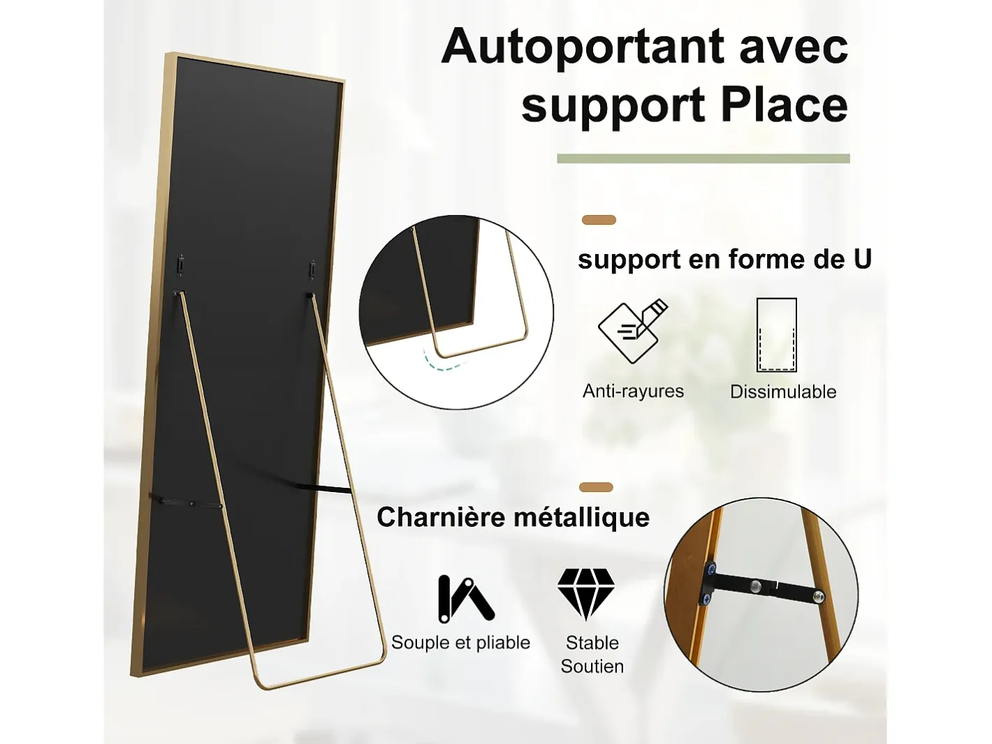 Espejo de pie rectangular 164×54 cm con marco – Diseño minimalista y moderno Dorado Best