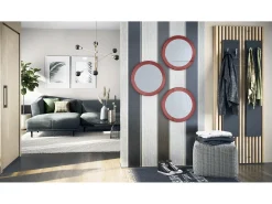 Sale Espejo Globe 50 cm juego de 3, 3 espejos de pared redondos decorativos para pasillo y salón con marco de MDF en burdeos de alto brillo Granate