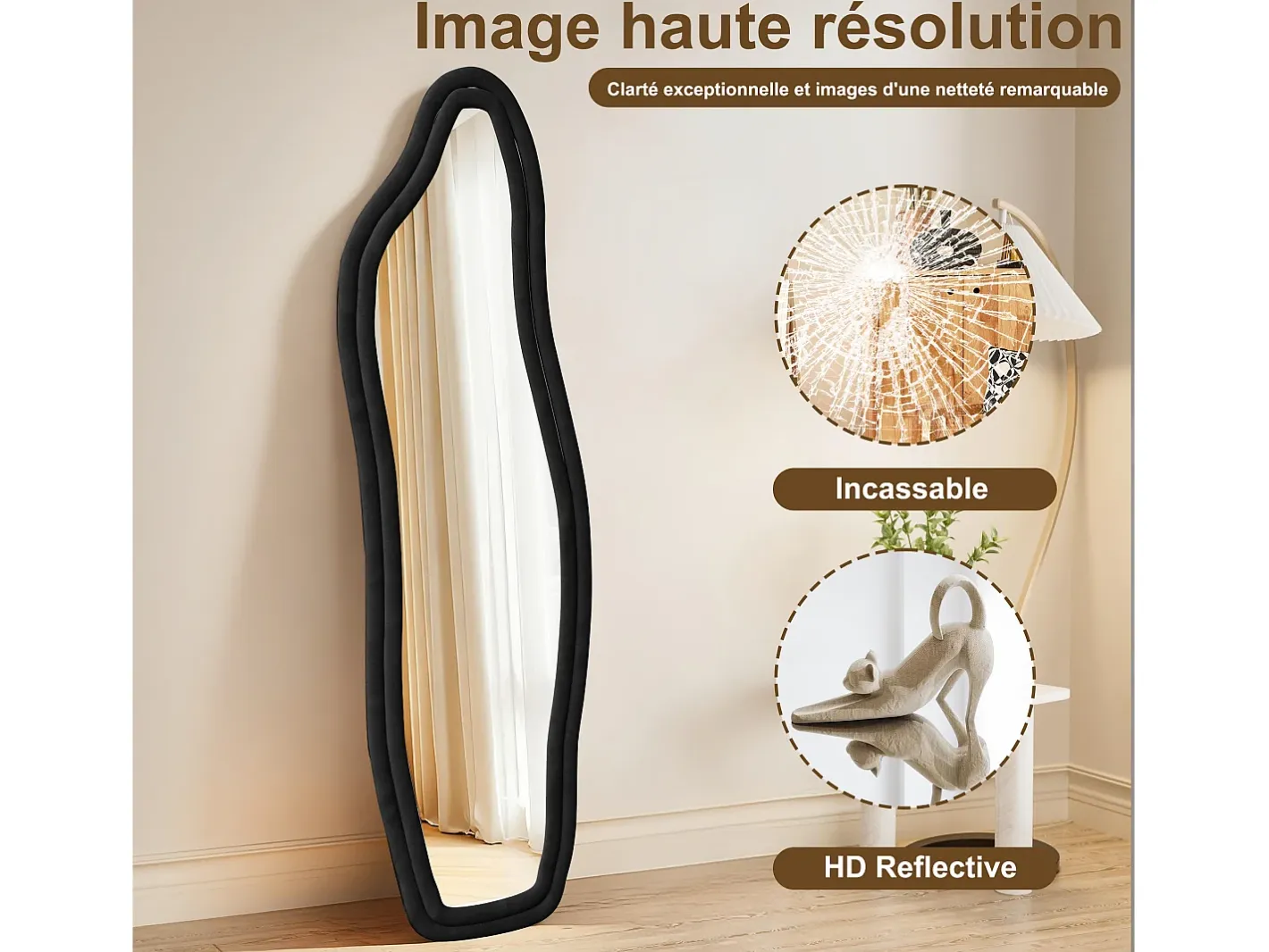 Hot Espejo irregular 140×45 cm con marco de terciopelo – Diseño moderno, vidrio templado HD – Negro