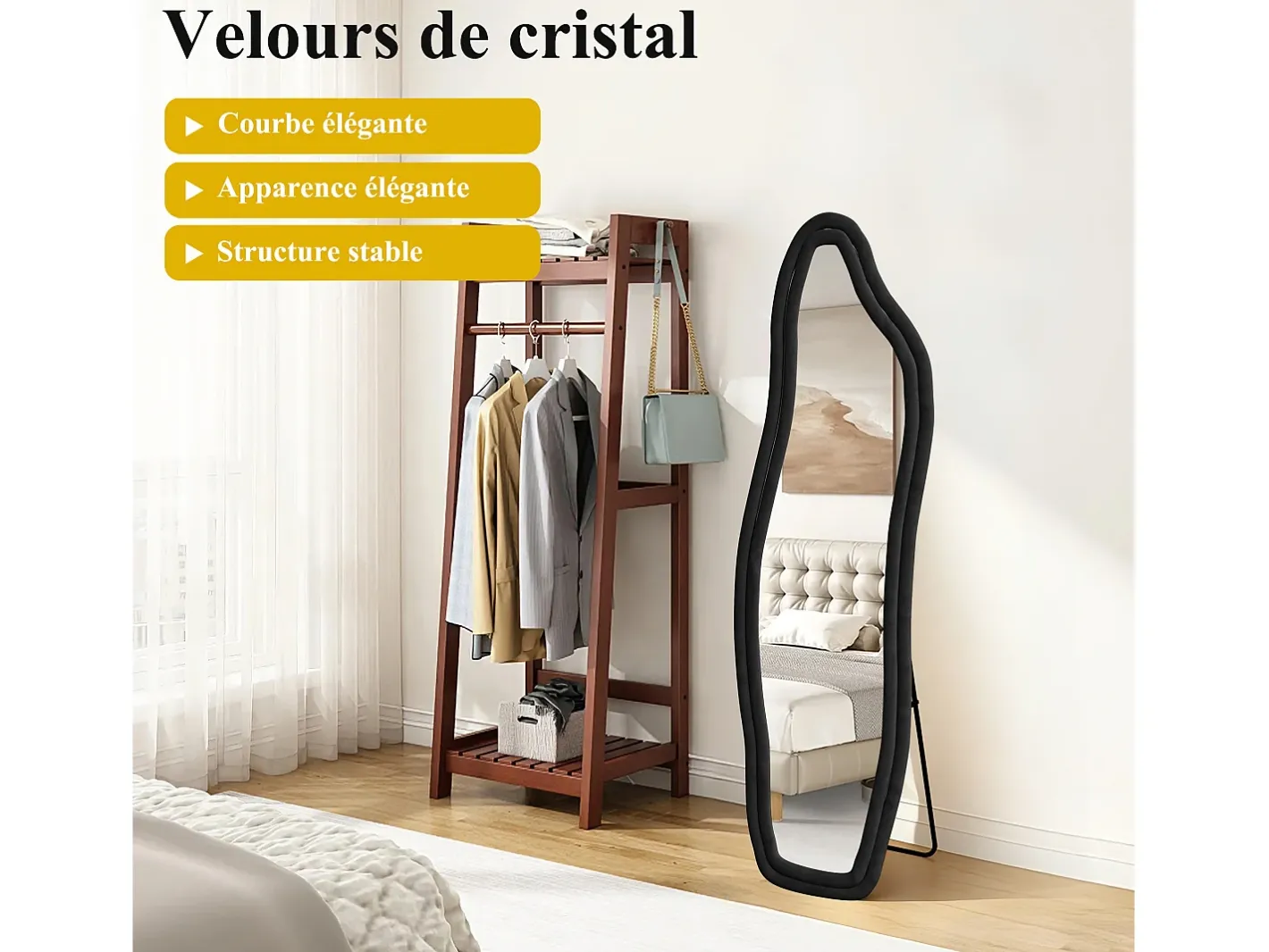 Hot Espejo irregular 140×45 cm con marco de terciopelo – Diseño moderno, vidrio templado HD – Negro