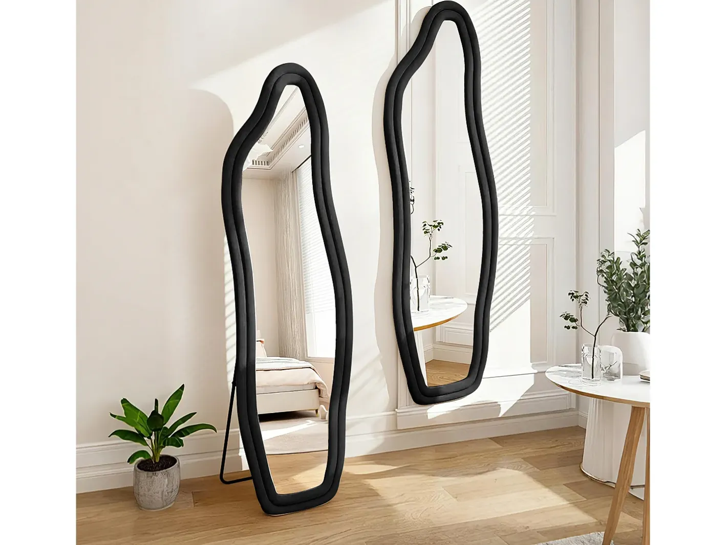 Hot Espejo irregular 140×45 cm con marco de terciopelo – Diseño moderno, vidrio templado HD – Negro