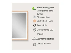 Espejo-Espejo LED rectangular 75x60cm con marco de madera GLIMMA Color natural claro