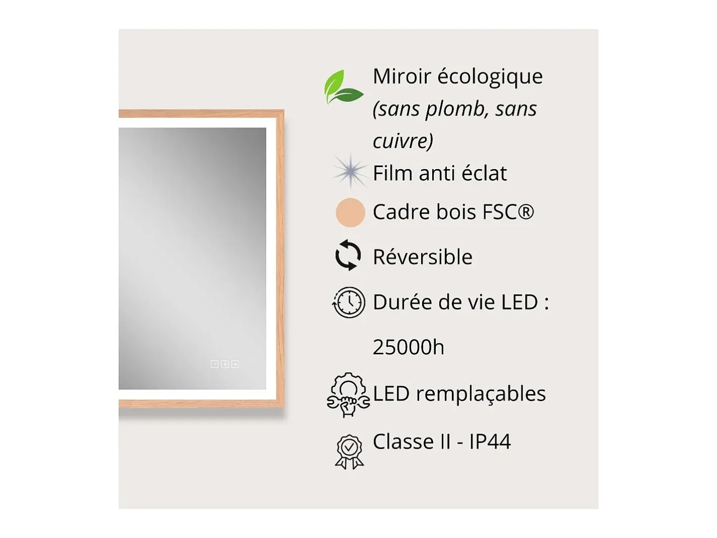 Espejo-Espejo LED rectangular 75x60cm con marco de madera GLIMMA Color natural claro