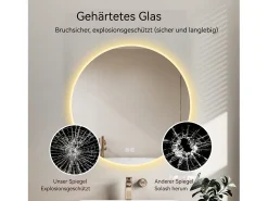 New Hauss Spole Espejo LED redondo de 70 cm con función antivaho y 3 configuraciones de temperatura - Vidrio y metal Plateado