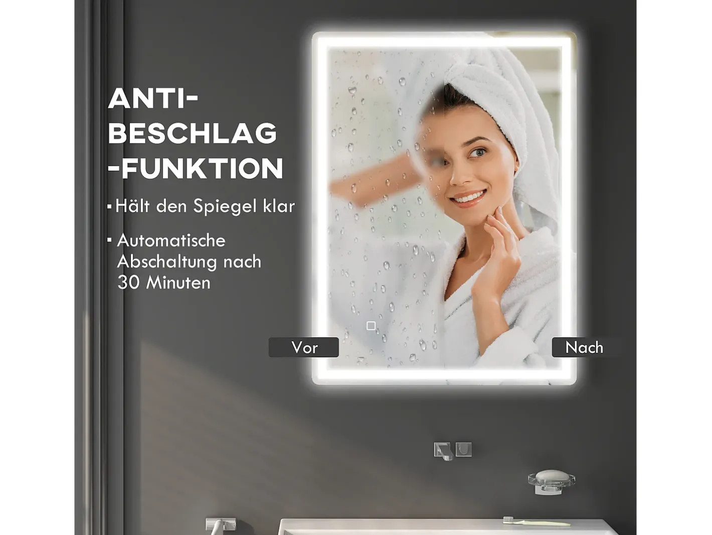 Online Espejo LED regulable con función antivaho, cristal, (80x60x4 cm) Plateado