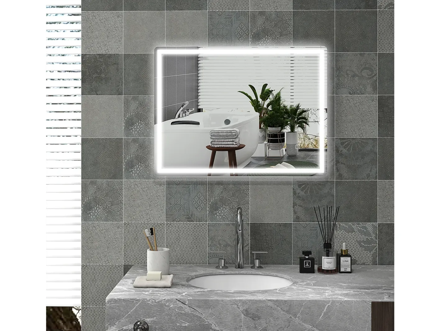 Online Espejo LED regulable con función antivaho, cristal, (80x60x4 cm) Plateado