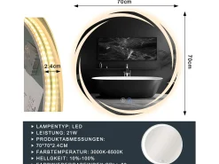 NETTLIFE Espejo con Iluminación Espejo de Baño Redondo LED Espejo de Baño 70cm Redondo IP44 Espejo de Baño con Táctil Plateado Hot