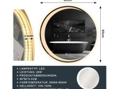 Best NETTLIFE Espejo con Iluminación Espejo de Baño Redondo LED Espejo de Baño IP44 60cm Espejo de Baño Redondo con Táctil Plateado