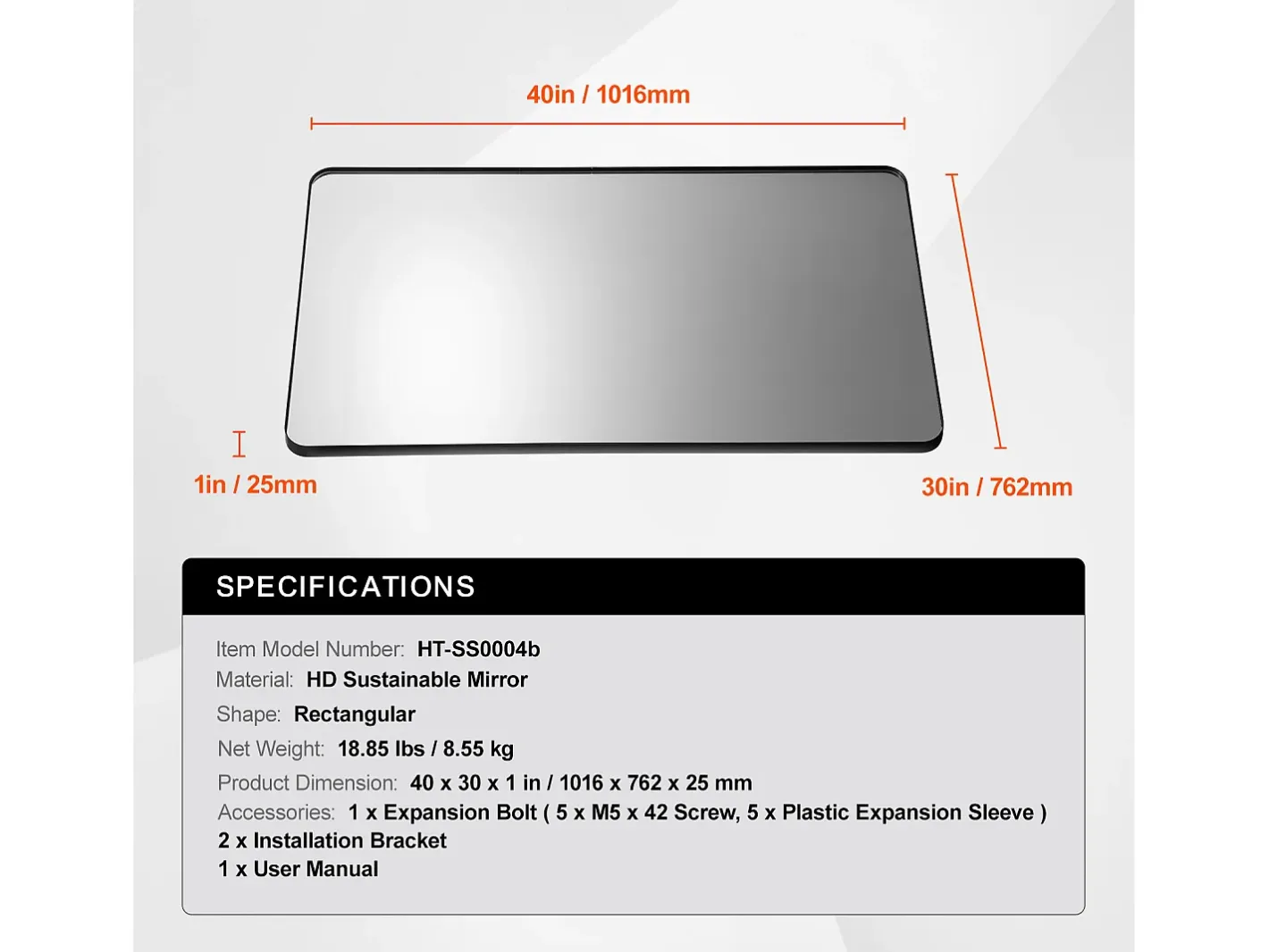 Espejo Rectangular de Pared SucceBuy Cuadrado de 101,6 x 76,2 CM con Marco de Aleación de Aluminio Negro