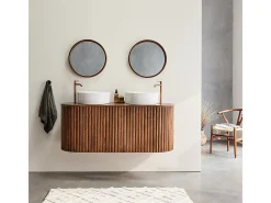 BERAH GETAH Espejo De Pared|Espejo-Espejo redondo de madera de mindi maciza con acabado nogal Ø50 cm Marru00f3n