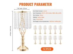 Florero SucceBuy - Juego de 12 Jarrones de Cristal de 49 cm, s, con Diseño Floral, para Bodas y Ceremonias, Metal/ Dorado Hot