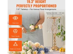 Florero SucceBuy - Juego de 12 Jarrones de Cristal de 49 cm, s, con Diseño Floral, para Bodas y Ceremonias, Metal/ Dorado Hot