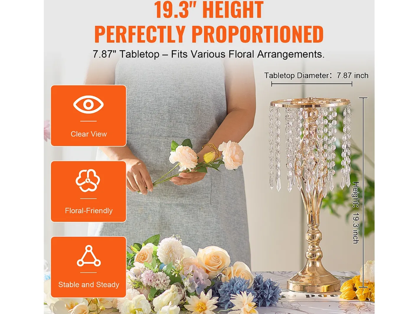 Florero SucceBuy - Juego de 12 Jarrones de Cristal de 49 cm, s, con Diseño Floral, para Bodas y Ceremonias, Metal/ Dorado Hot