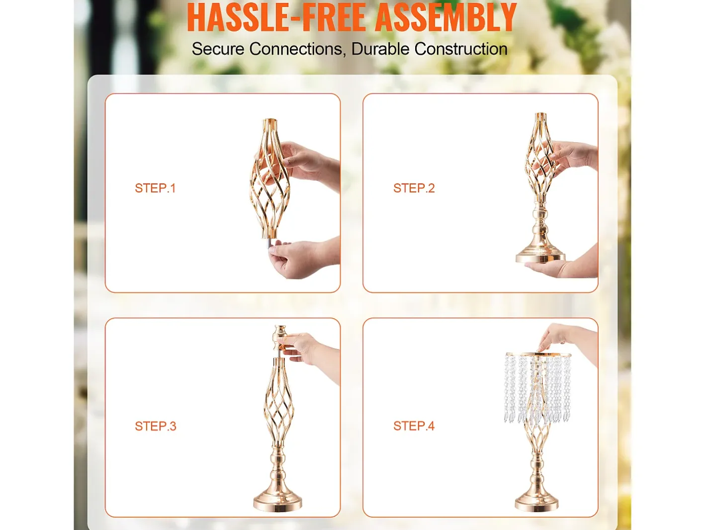 Florero SucceBuy - Juego de 12 Jarrones de Cristal de 49 cm, s, con Diseño Floral, para Bodas y Ceremonias, Metal/ Dorado Hot