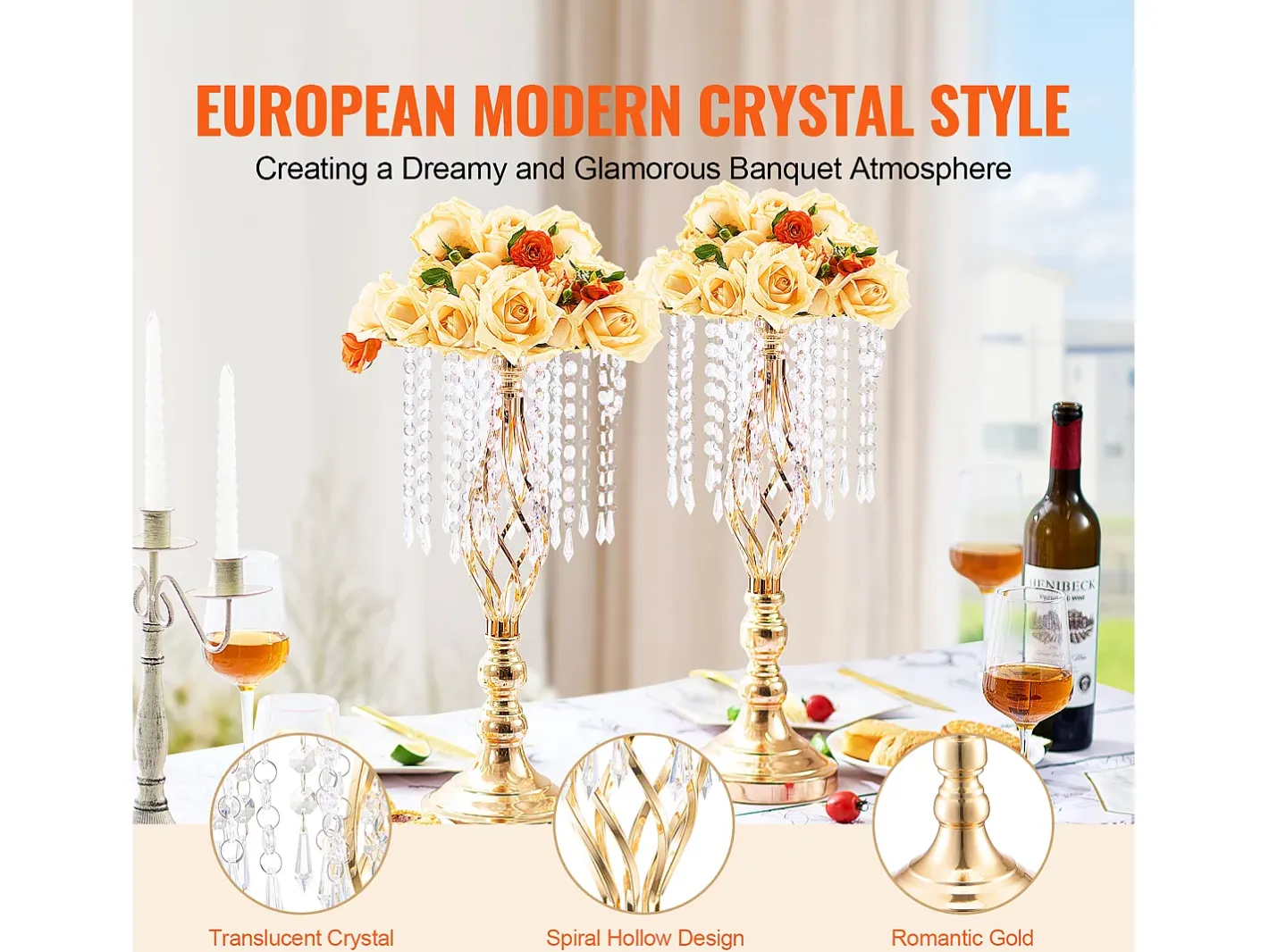Florero SucceBuy - Juego de 12 Jarrones de Cristal de 49 cm, s, con Diseño Floral, para Bodas y Ceremonias, Metal/ Dorado Hot