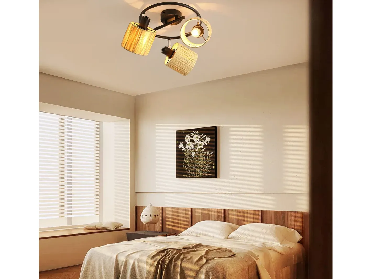NETTLIFE Plafón-Foco de techo 3 llamas E14 Lámpara de techo negra natural Papel Sala de estar Negro