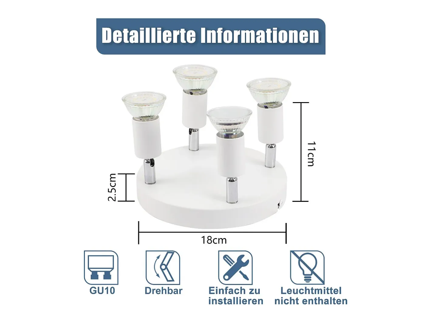 Best NETTLIFE Foco de techo LED Focos de techo - Lámpara de techo de metal GU10 orientable de 4 llamas Moderna Blanco