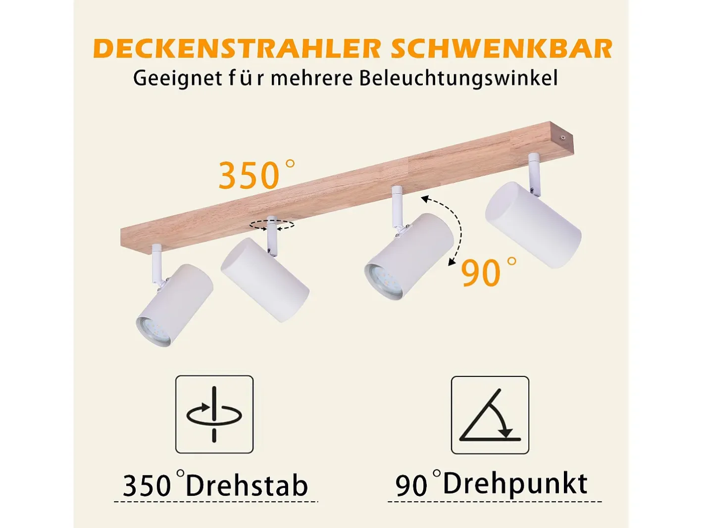 NETTLIFE Aplique Para Pared-Foco de techo de 4 focos, madera negra, estilo vintage, GU10, luz de techo orientable, lámpara de pasillo orientable 350° Blanco