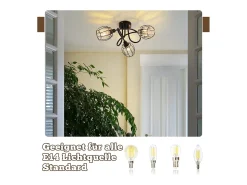 NETTLIFE Plafón-Foco de techo vintage de cristal de 3 luces E14 para pasillo, giratorio 350°, estilo industrial Negro