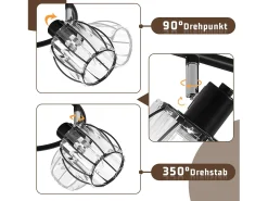 NETTLIFE Plafón-Foco de techo vintage de cristal de 3 luces E14 para pasillo, giratorio 350°, estilo industrial Negro