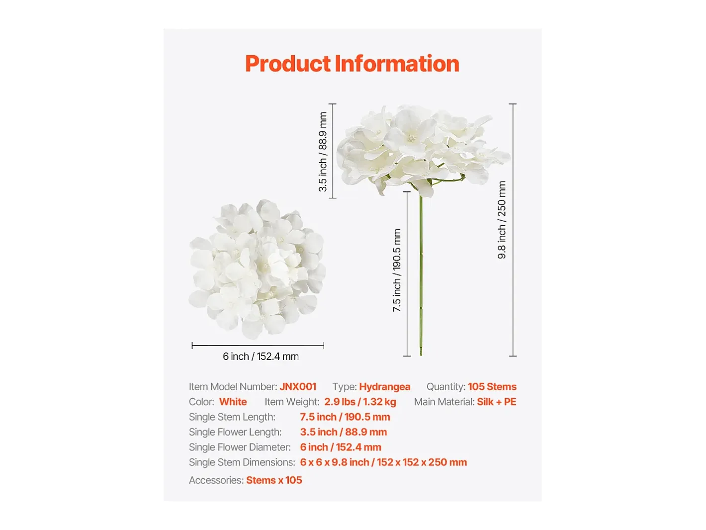 Hortensia Artificial SucceBuy Flores Artificiales 250 mm, Ramos de Flores Artificiales Aspecto Realista con Cabeza de 152,4 mm, Lote de 105, Blanco Outlet