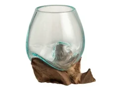 J-Line Jarrón-Jarrón de vidrio sobre base de madera 13*10*11 cm Transparente