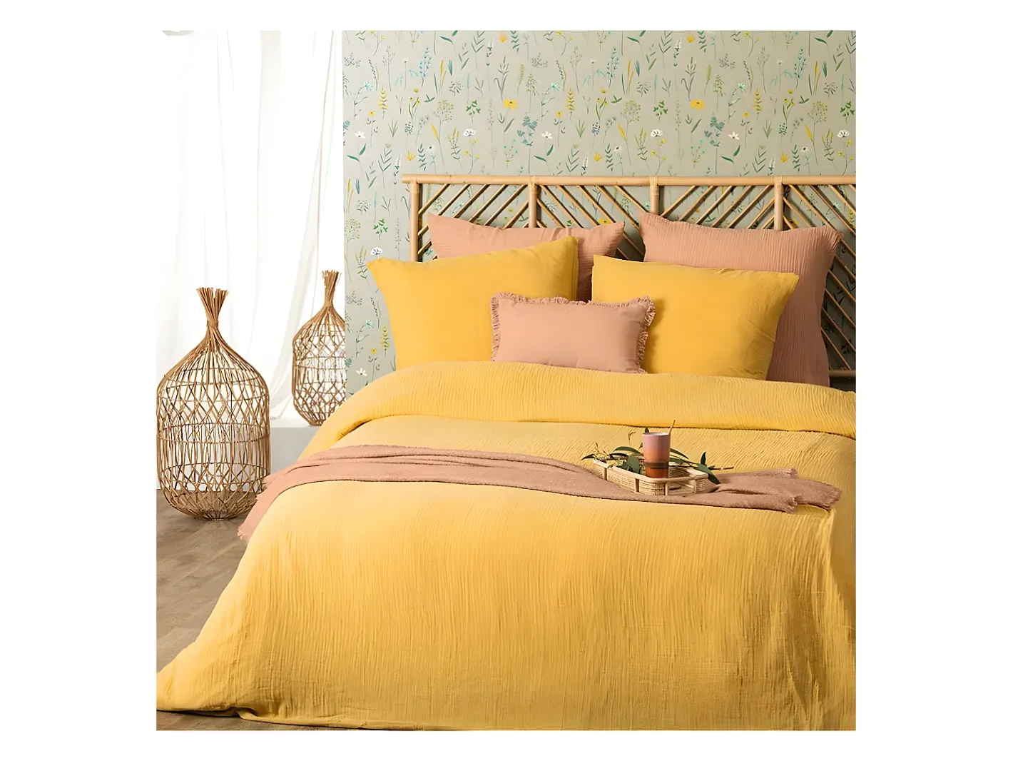 Atmosphera Ropa De Cama-Juego de cama de gasa de algodón liso 240 x 220 cm Mostaza