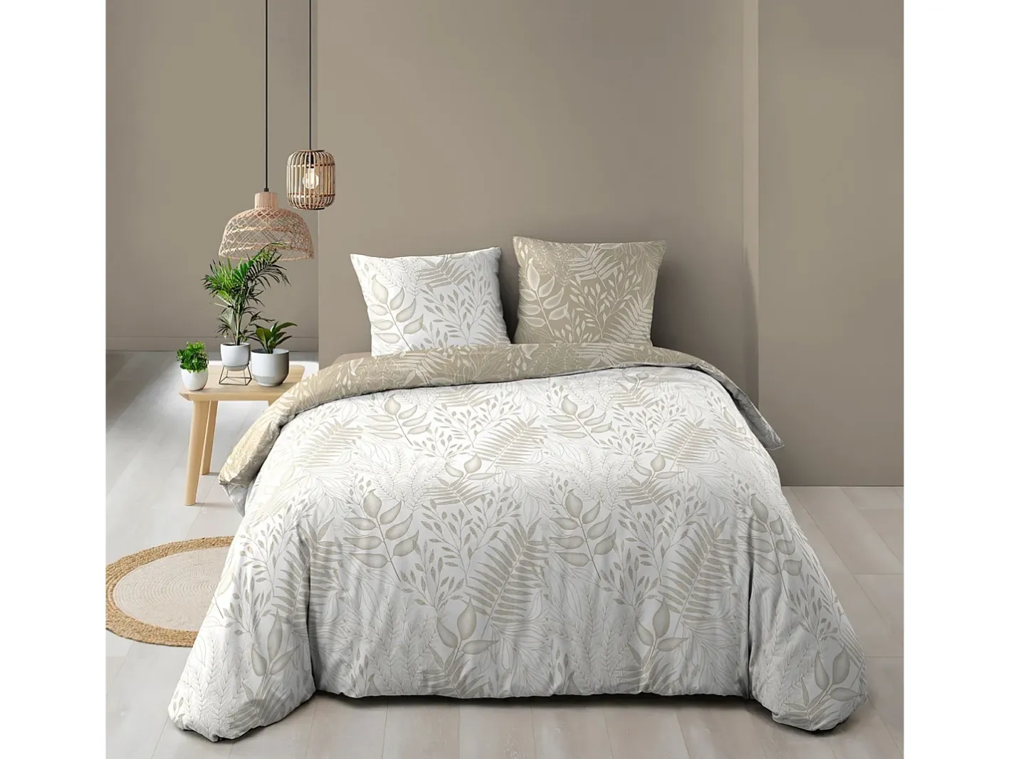 Douceur d'intérieur Juego de cama reversible Cassia 240x220 cm en algodón 100% Oeko-Tex con motivo floral con 2 fundas de almohada 63x63 cm Beige Outlet