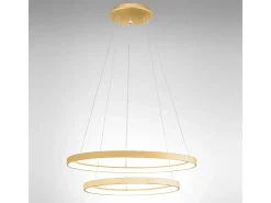 Lámpara Suspendida-Krizia - Lámpara colgante doble LED regulable 88W - 6300lm, luz cálida 3000K, aros oro cepillado, difusor opal, IP20, d. 60+80cm Dorado