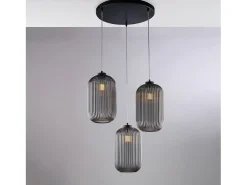 Lámpara Suspendida-Krizia Suspensión en hierro lacado negro con cables orientables y difusores en cristal soplado espejo con dec. Forro en relieve de 3 luces Gris