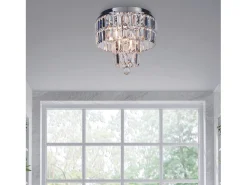 Lámpara Suspendida-Lampada a Soffitto Classica Impero Acciaio Cromo Vetro Trasparente 4 Luci E14 Plateado