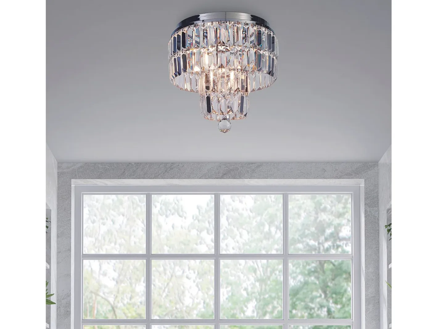 Lámpara Suspendida-Lampada a Soffitto Classica Impero Acciaio Cromo Vetro Trasparente 4 Luci E14 Plateado