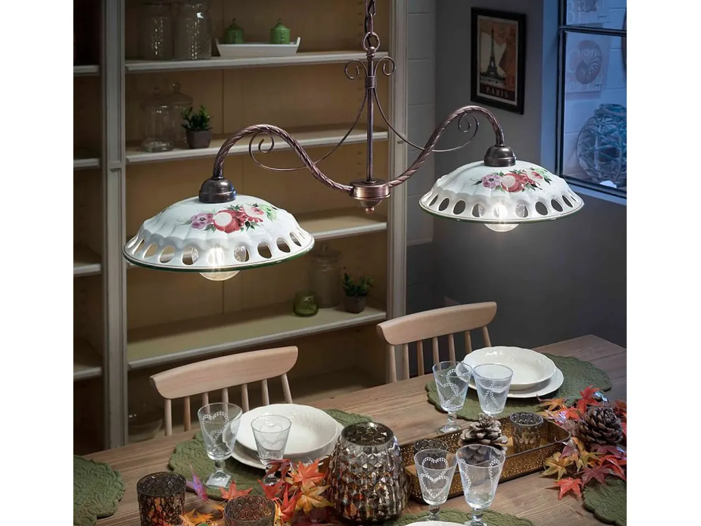 Ferroluce Lámpara Suspendida-Lampadario Classico Napoli Metallo E Ceramica Bianco Sfumato Oro 2 Luci E27 Blanco