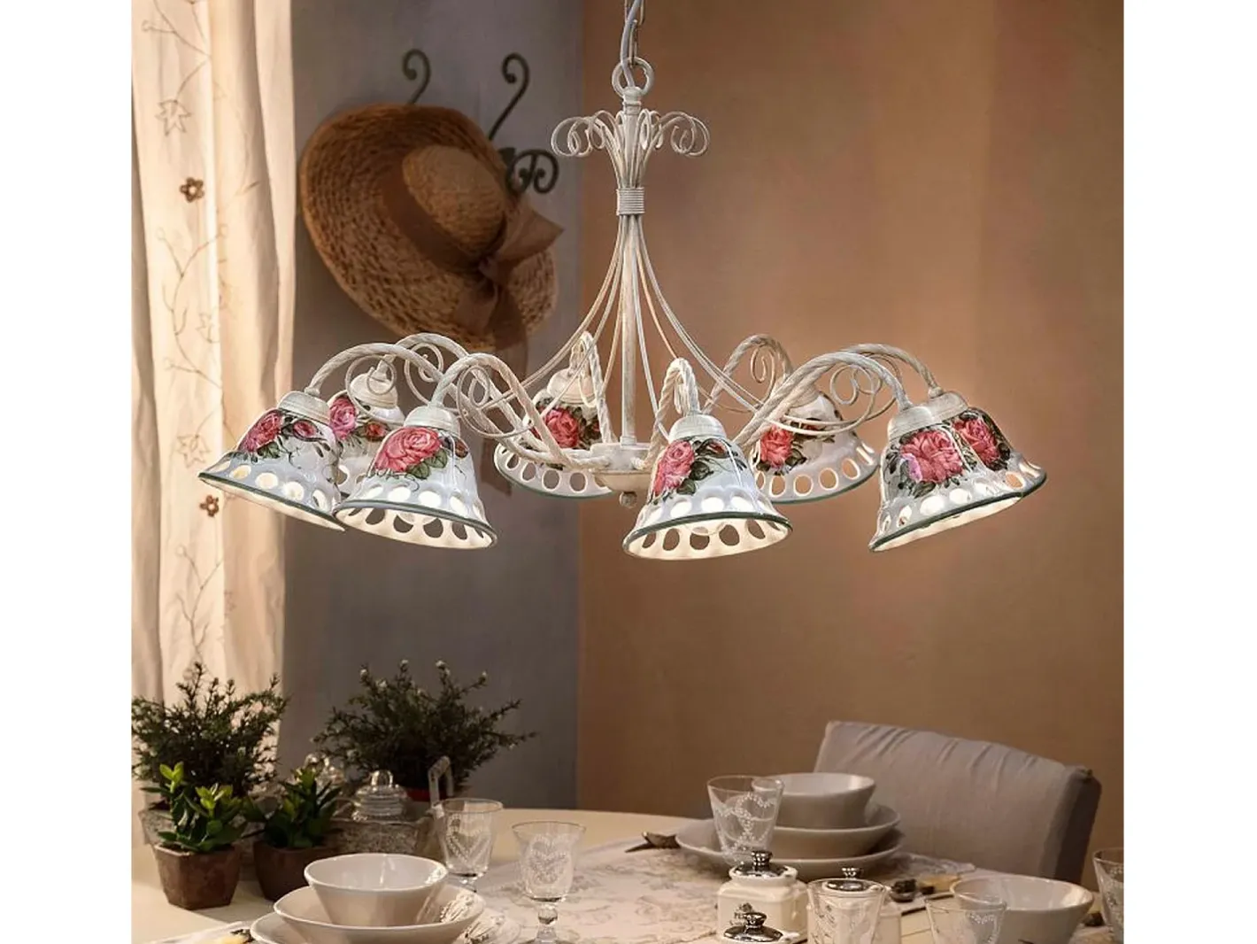 Ferroluce Lámpara Suspendida-Lampadario Classico Napoli Metallo E Ceramica Bianco Sfumato Oro 8 Luce E14 Blanco