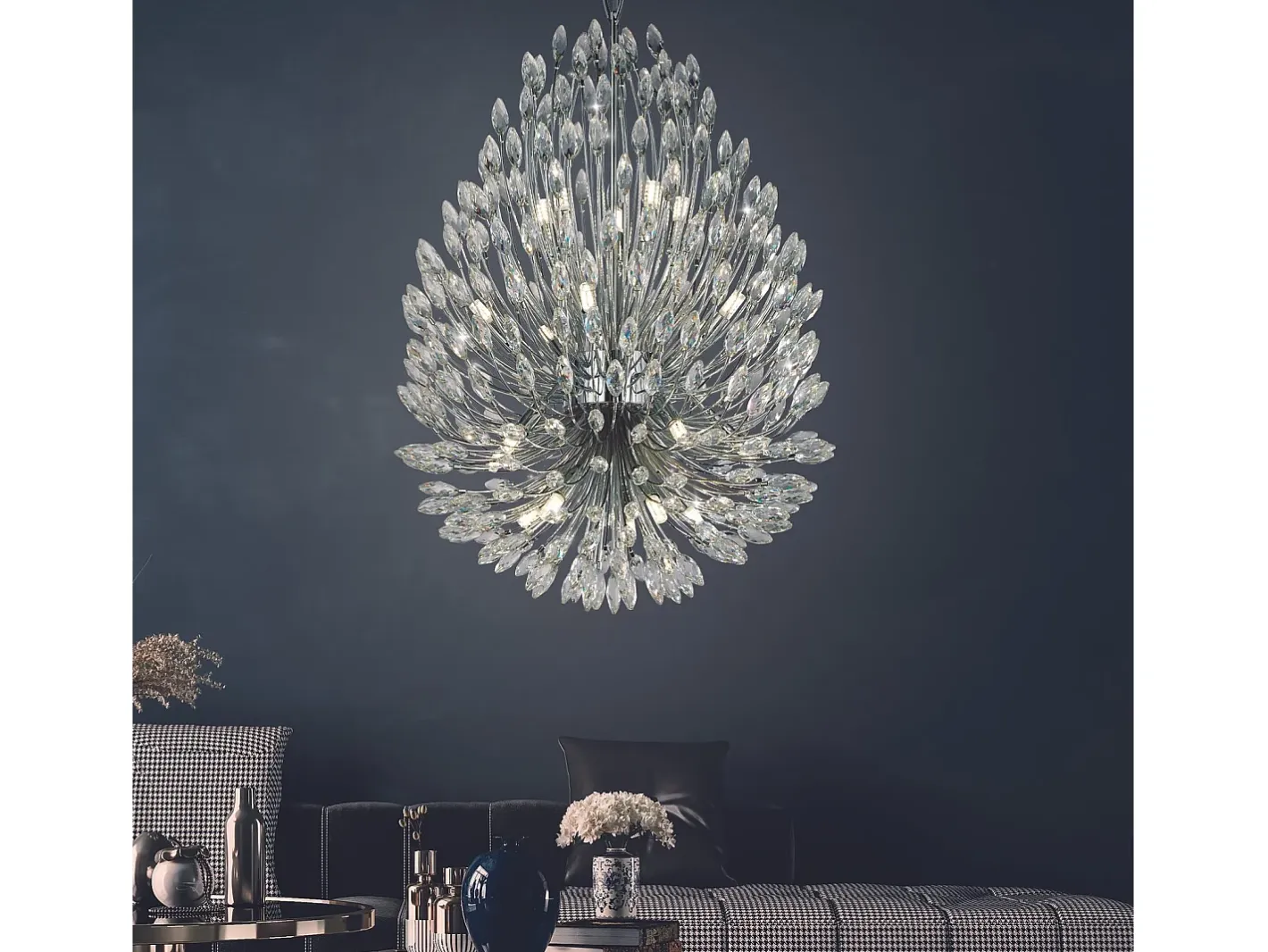 Discount Lampadario Contemporaneo Pavone Acciaio Cromo Vetro Trasparente 20 Luci G9 Plateado
