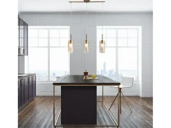 Lámpara Suspendida-Lampadario Contemporaneo Duetto 3 Acciaio Ottone Vetro 3 Luci E14 Dorado