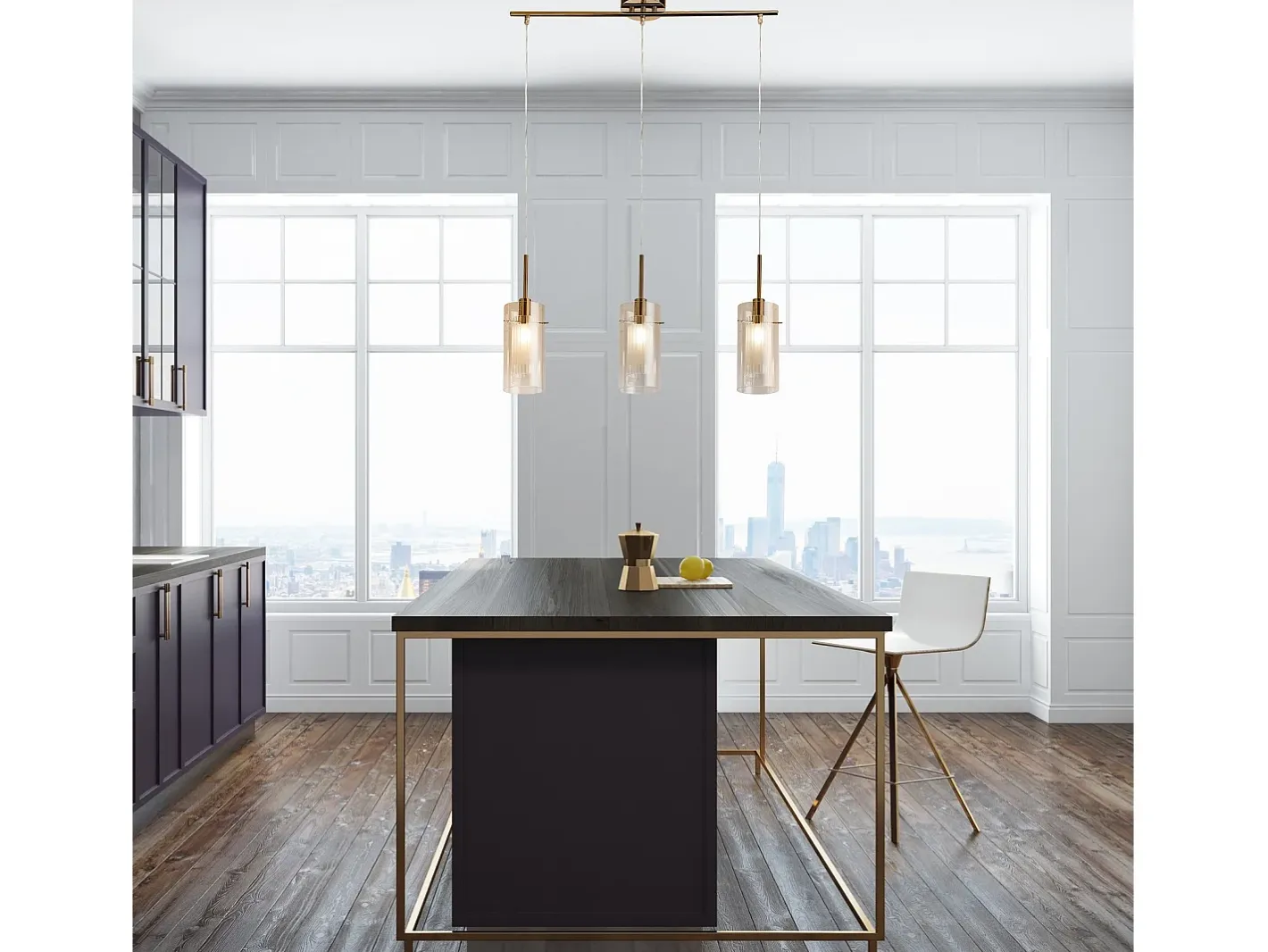 Lámpara Suspendida-Lampadario Contemporaneo Duetto 3 Acciaio Ottone Vetro 3 Luci E14 Dorado