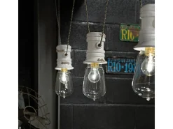 Ferroluce Lámpara Suspendida-Lampadario Industrial Minimal Urban Ferro E Ceramica Vintage Bianco 3 Luci E27 Blanco