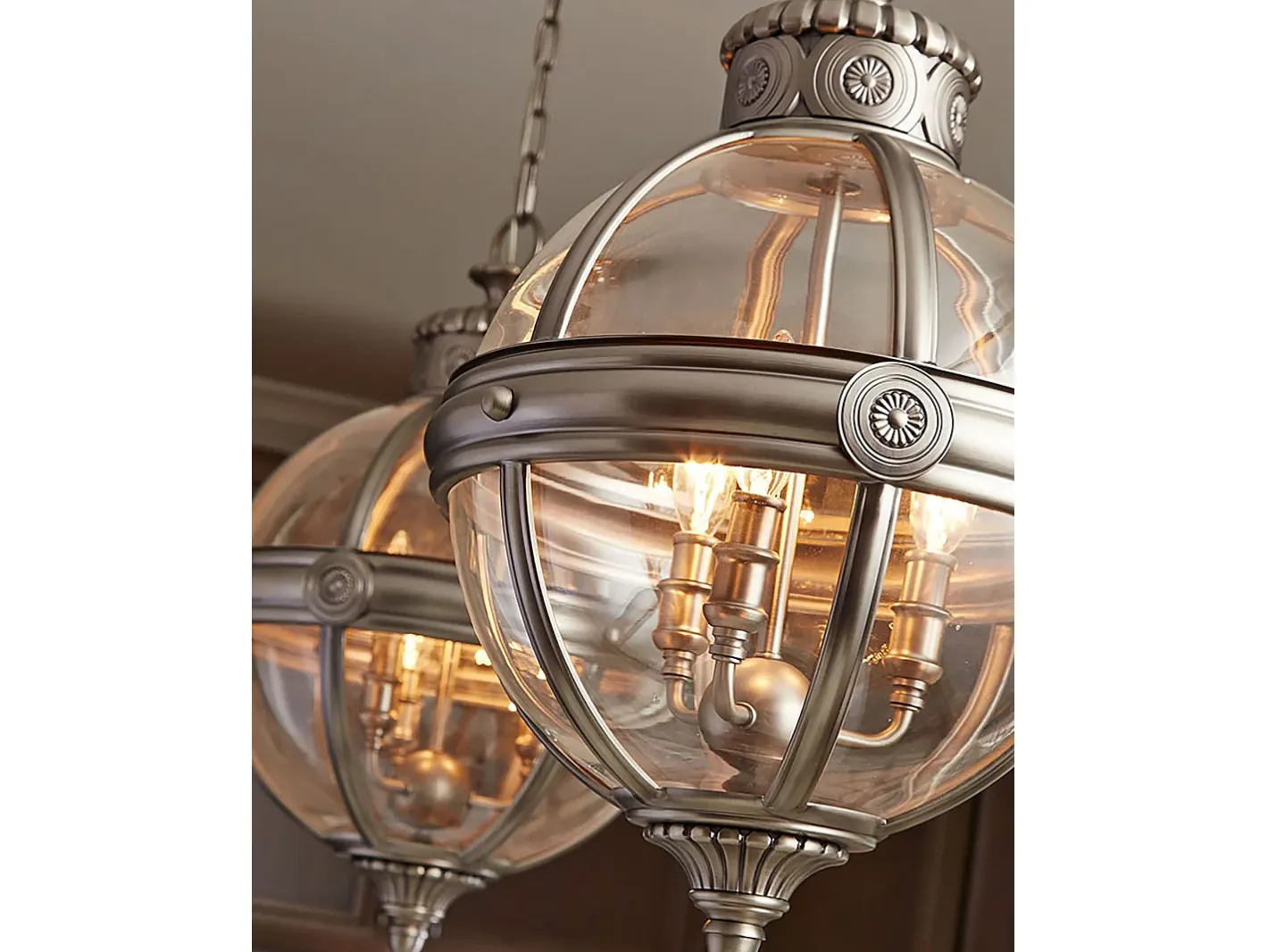 Lámpara Suspendida-Lampadario Industrial Nordico Adams Acciaio Nichel Antico Vetro 3 Luci E14 Marru00f3n