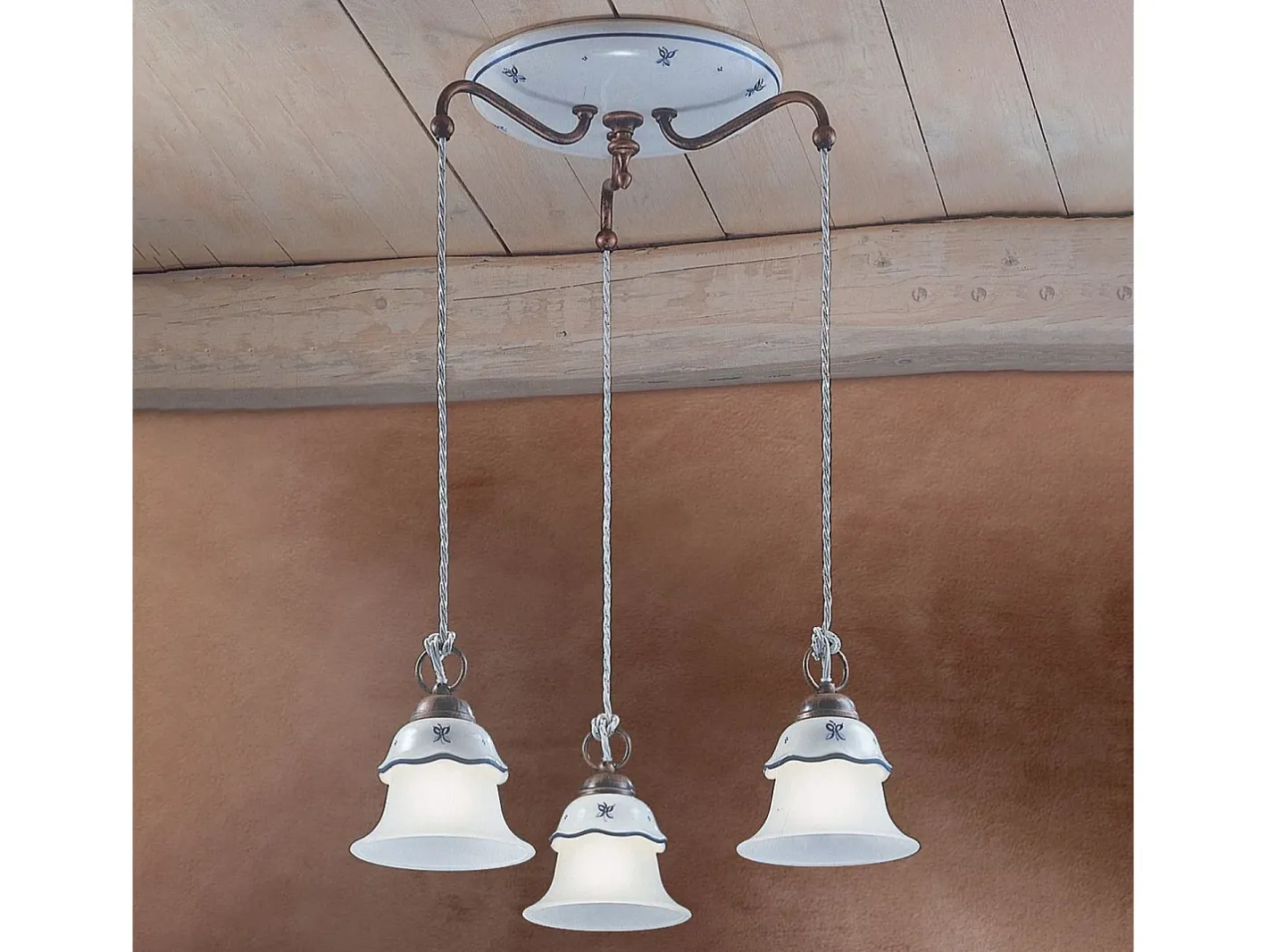 Ferroluce Lámpara Suspendida-Lampadario Tondo Classico Ferrara Metallo Ceramica Nero Sfumato Rame 3 Luci E14 Negro