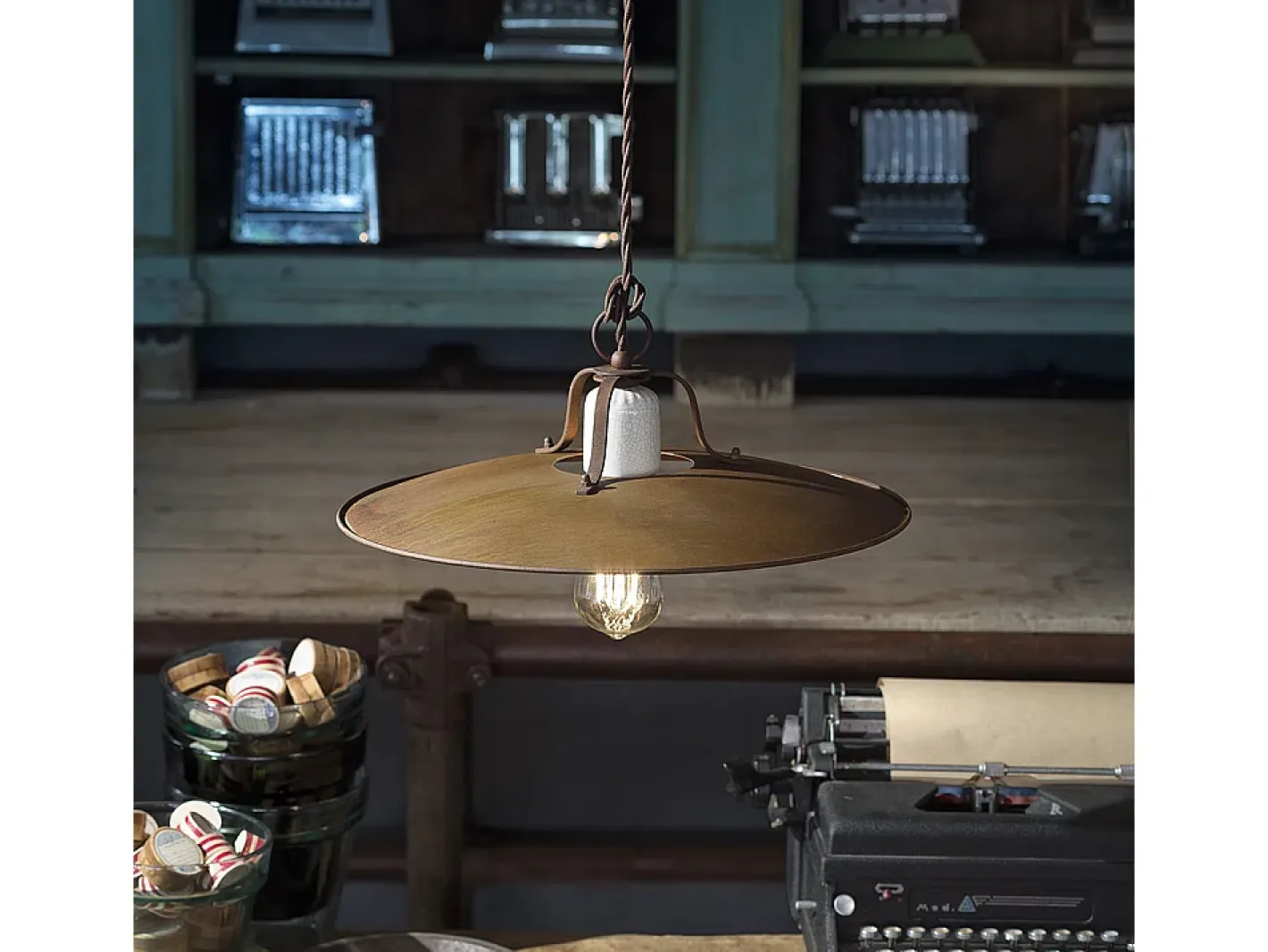 Ferroluce Lámpara Suspendida-Lampadario Vintage Grunge Ferro E Ceramica Craquele' 1 Luce E27 25Cm Marru00f3n chocolate
