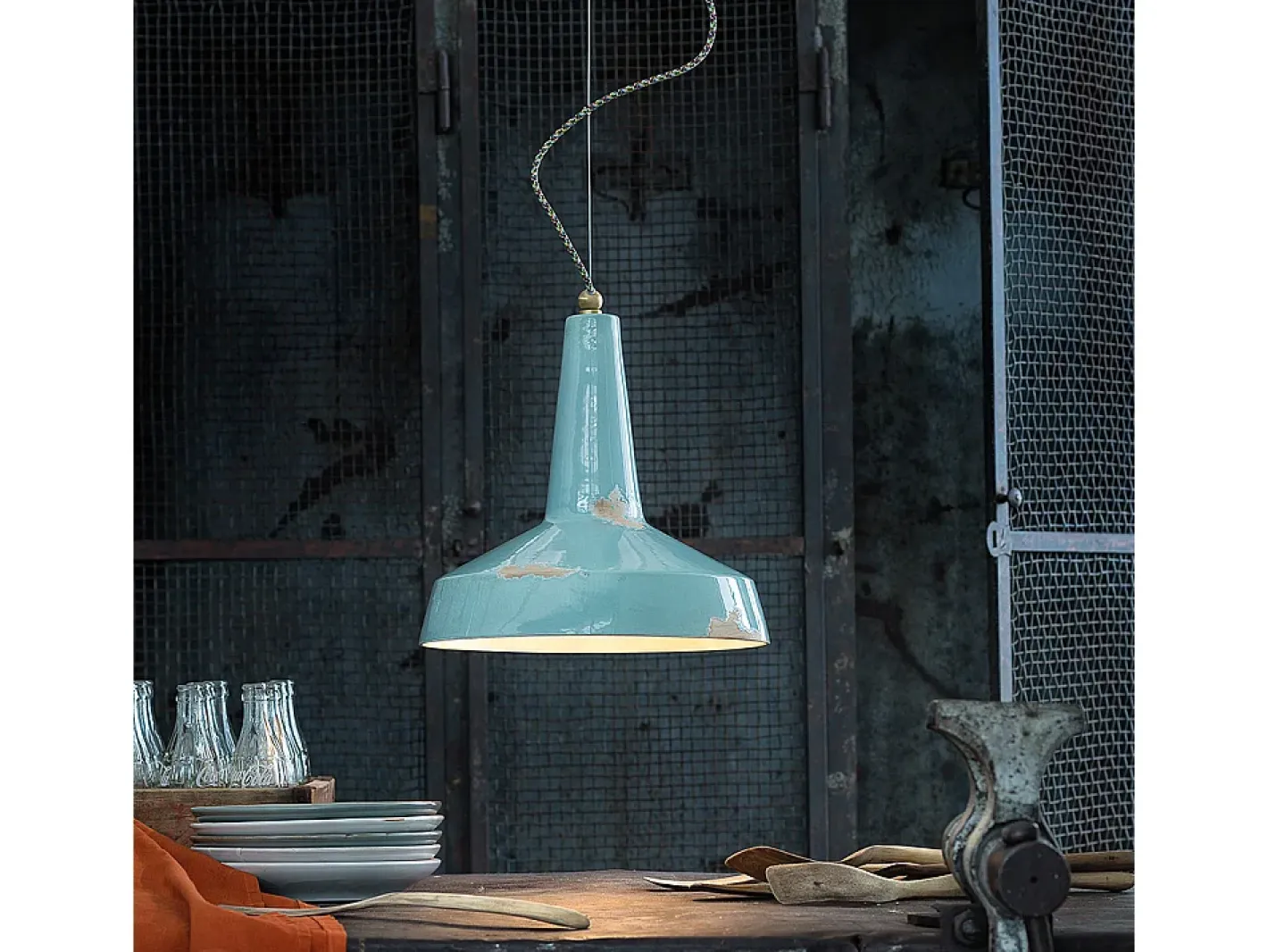 Sale Ferroluce Lampadario Vintage Vague Vintage Ferro E Ceramica Azzurro 1 Luce E27 35Cm Azul celeste
