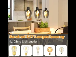 NETTLIFE Lámpara colgante de mesa de comedor negra - Lámpara colgante vintage de vidrio ahumado con una sola llama E27 sin fuente de luz Negro Online