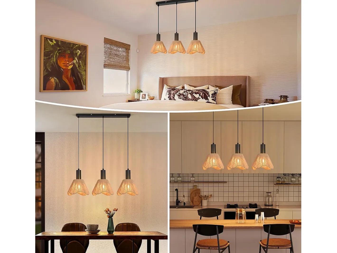 NETTLIFE Lámpara Suspendida-Lámpara colgante de ratán bohemio con 3 luces - Lámpara de araña vintage de cuerda de cáñamo trenzada E27 -(bombillas no incluidas) Marru00f3n