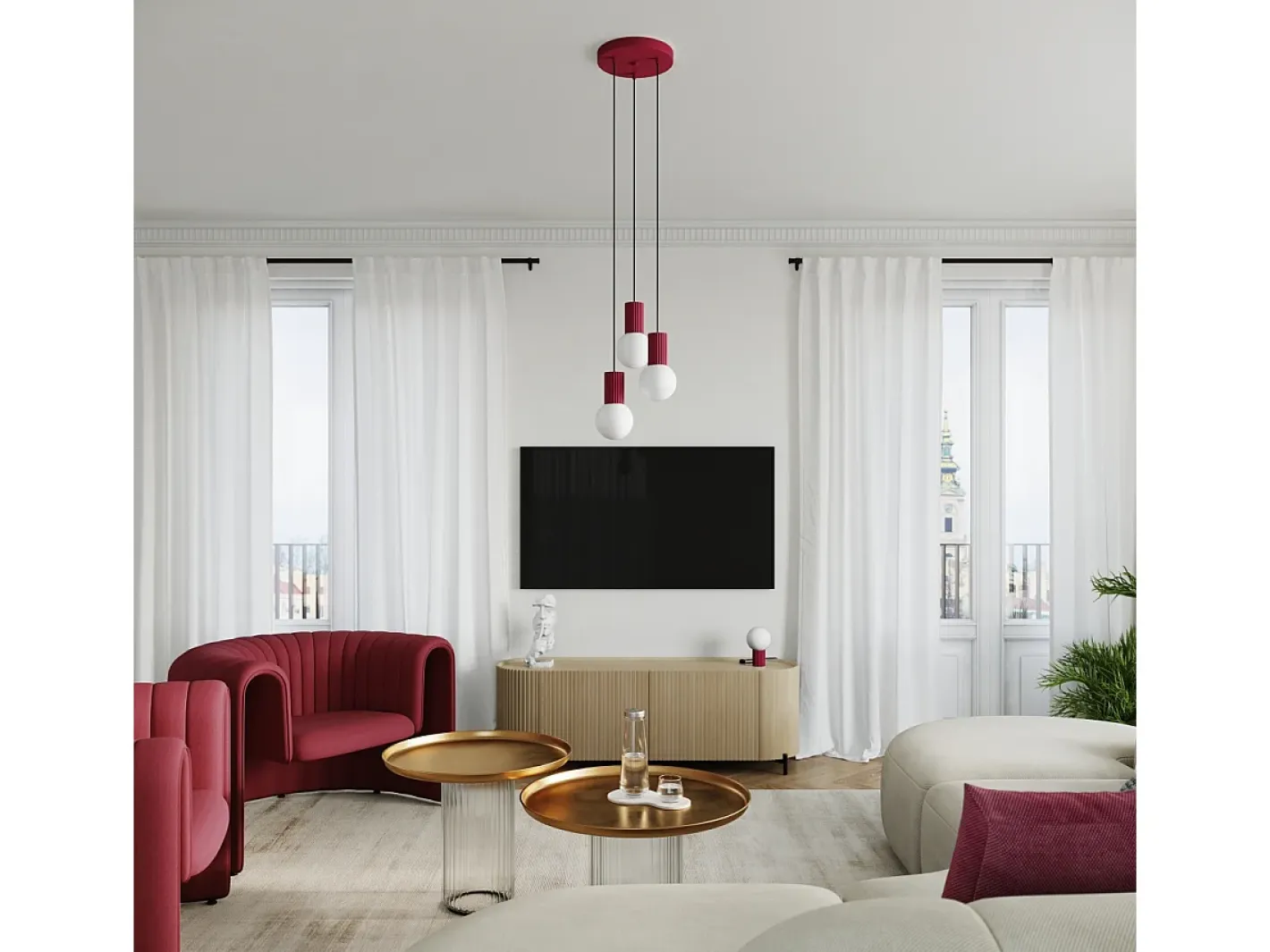 Outlet Sollux Lighting Lámpara Colgante Halo Moderno De Aluminio/Vidrio - 3 Fuentes Luminosas - L.25 X A.125 Cm - Borgoña Rojo