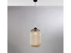 Lámpara Suspendida-Lámpara colgante Krizia negra con cable orientable y difusor de cristal ámbar con relieve Beige