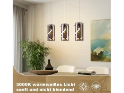 NETTLIFE Lámpara colgante LED vintage de 3 luces, cristal ahumado, 23 W, 3000 K, retro, ajustable, para mesa de comedor. Gris Outlet