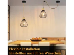 NETTLIFE Lámpara Suspendida-Lámpara colgante para mesa de comedor, de metal , 1 llama, estilo retro industrial, madera, cuerda de cáñamo, E27 Negro