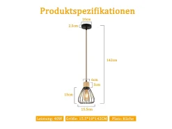 NETTLIFE Lámpara Suspendida-Lámpara colgante para mesa de comedor, de metal , 1 llama, estilo retro industrial, madera, cuerda de cáñamo, E27 Negro